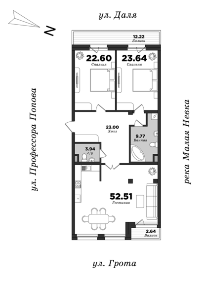 Dom na ulitse Grota, 2 bedrooms, 135.47 m² | planning of elite apartments in St. Petersburg | М16